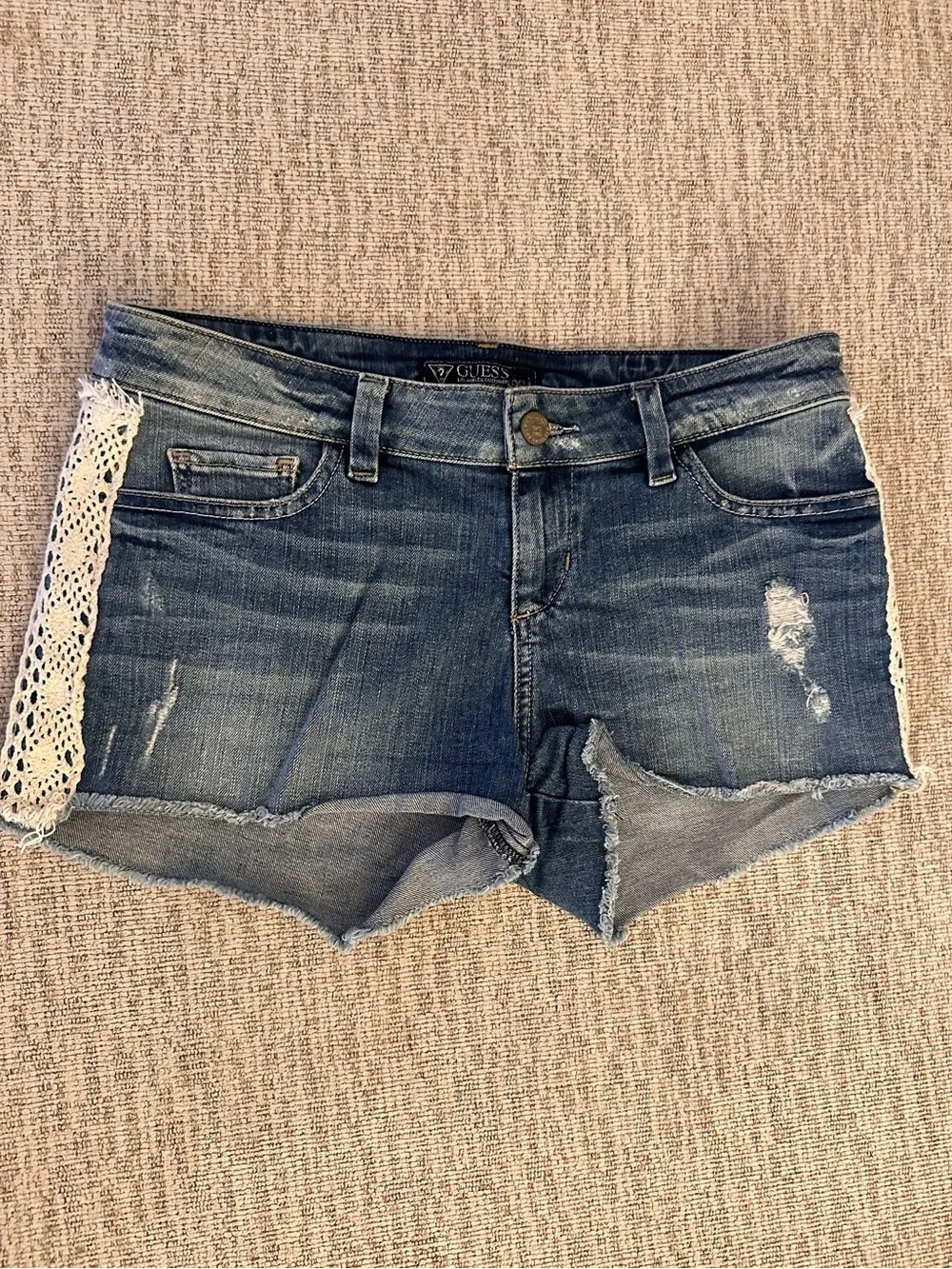 GUESS Denim Crochet-Trim Denim Shorts Size 28